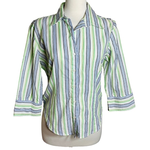 Coupe Blue and Green Striped Button Front Blouse 3/4 Sleeves Women’s Medium - Picture 1 of 7